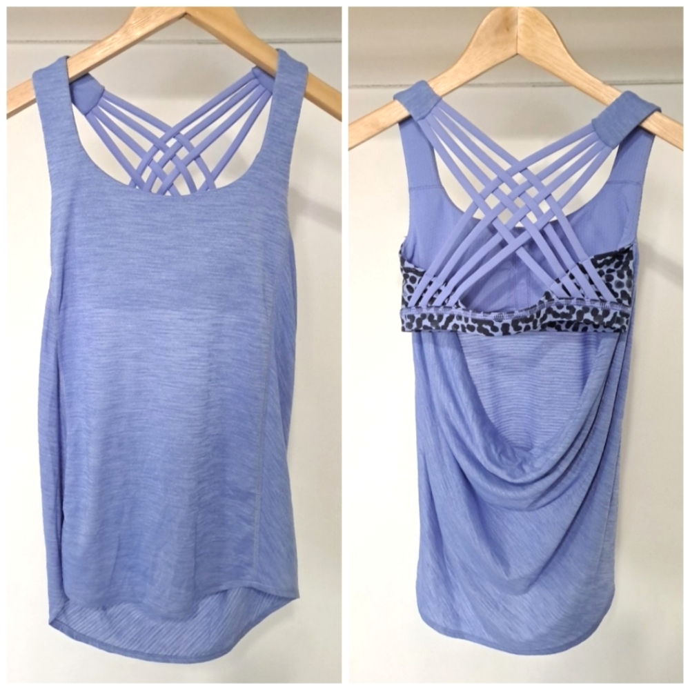 Lululemon | Cross back scooped back blue tank top with dot pattern under bra
